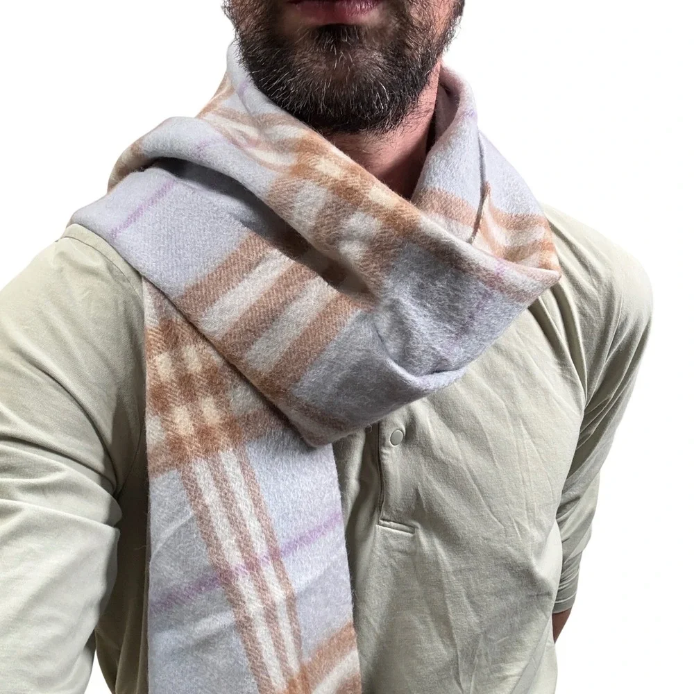 Burberrys of London Lambswool Scarf Classic Check Blue‎ Camel Purple 62 x 11.5in
